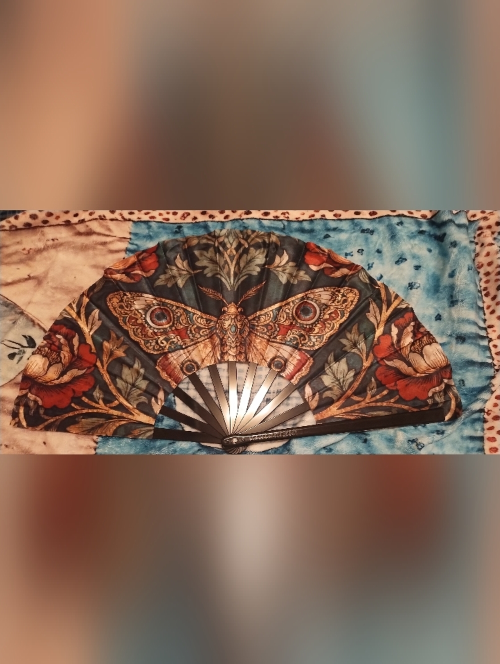 Decorative Moth Hand Fan in Teal and Gold